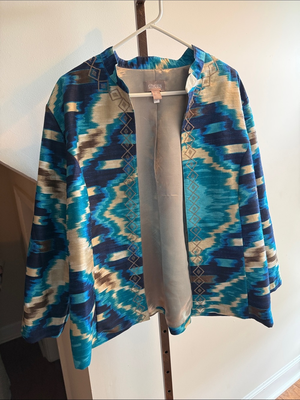 Chico's Teal & Navy Ikat Open-Front Jacket